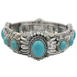 Concho Flair Western Style Oval Turquoise Stone Silver Stretch Bracelet